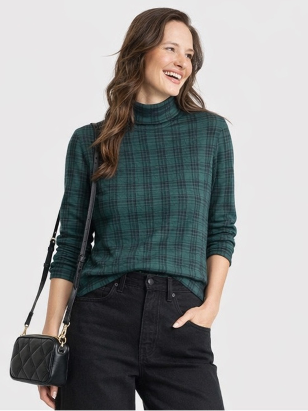 Lands End Turtleneck 100% Cotton Long Sleeve Black Green Plaid Sz M(10-12) Shirt